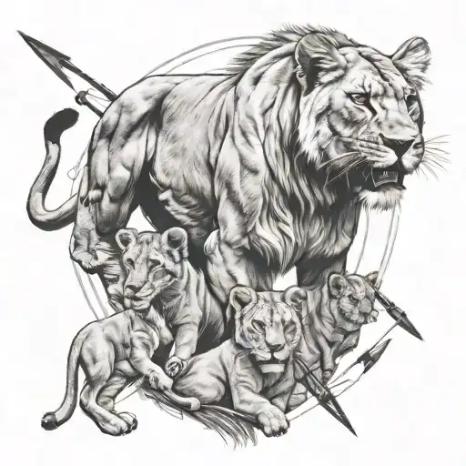 Lioness With 3 Cubs Separated By An Arrow