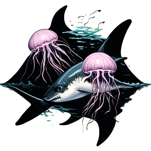 An Ocean With Sharks And Jellyfish Mauve Stinger