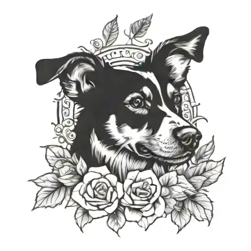 Dog Print Surrondes By Roses And Feathers Falling