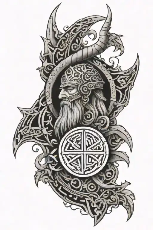 Valhalla Symbol With Intricate Norse God Figure Surrounded