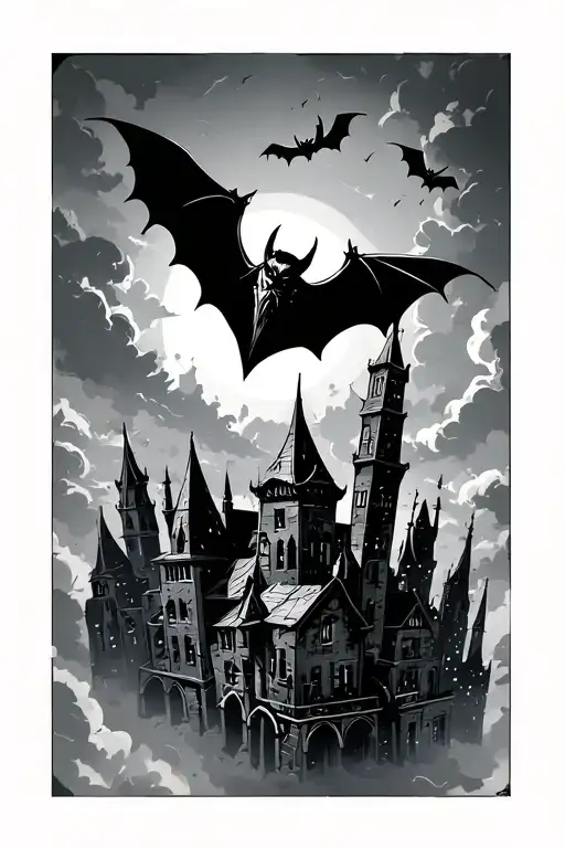 Bats Flying High In The Sky In The Sky With A City Skyline Gothic Vibe With Viking Time Buildings