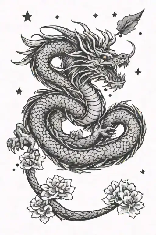 Powerful Majestic Japanese Dragon With A Crown Flying Alongside Cherry Blossoms Surrounded By Stars