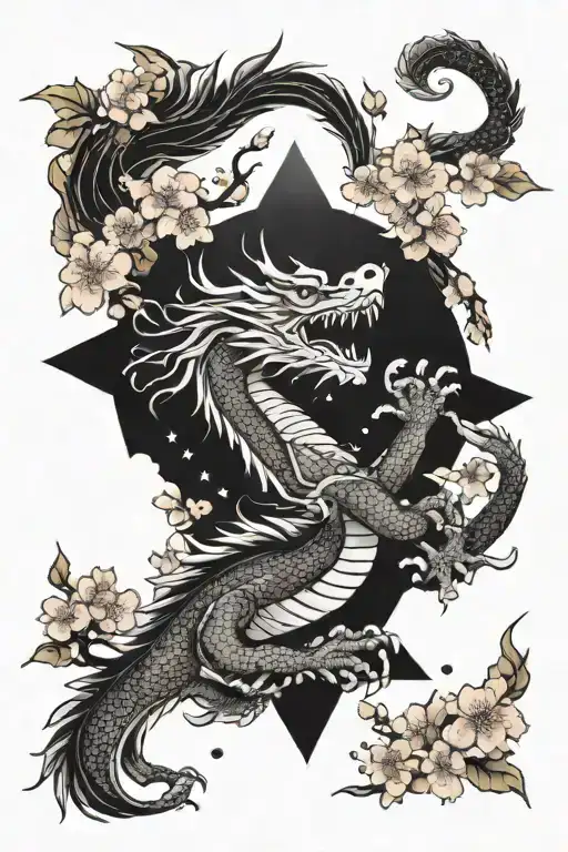 Powerful Majestic Japanese Dragon With A Crown Flying Alongside Cherry Blossoms Surrounded By Stars