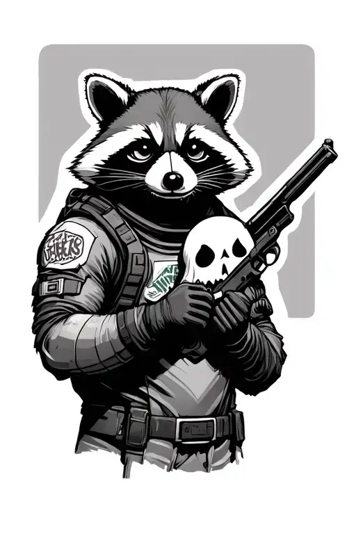 Rocket Racoon Holding His Gun And Ghost Face Mask Holding