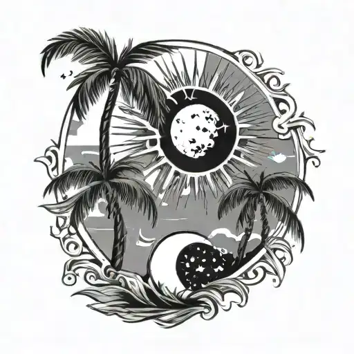 Palm Tree Sun And Moon Surrounded