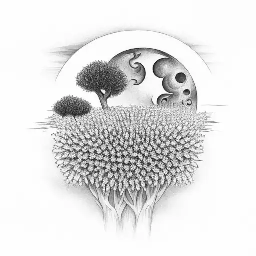 Olive Tree In A Field Of Dahlia Flowers With The Moon In The Background