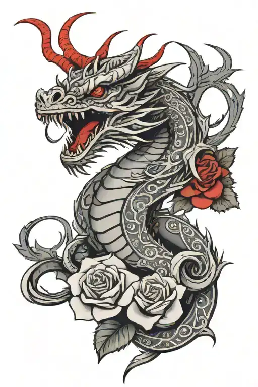 A Tribal Dragon With Red Roses In The Background