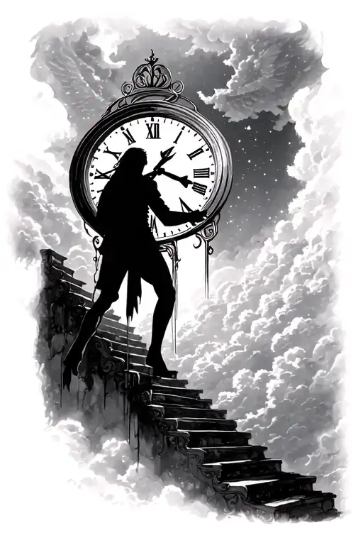 Silhouette Climbing Heaven Stairs Towards A Clock