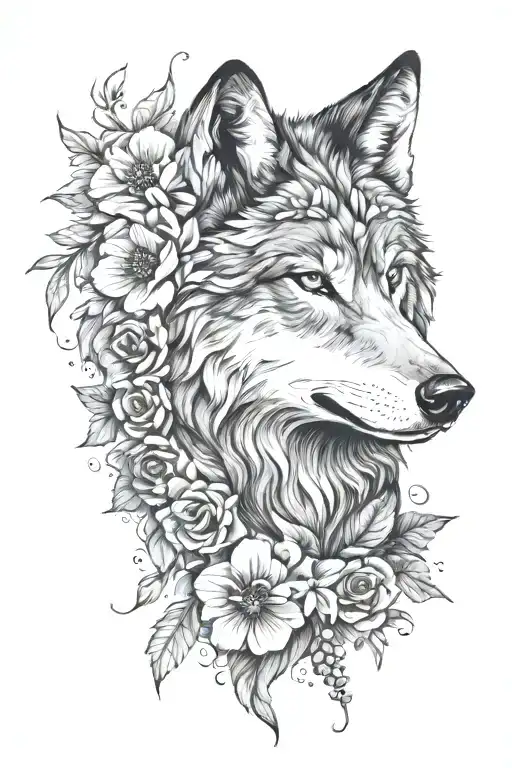 Wolf Face With Flowers