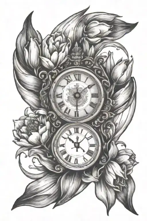 Clock Face With Roman Numerals Surrounded By Tulips With A Single Angle Wing