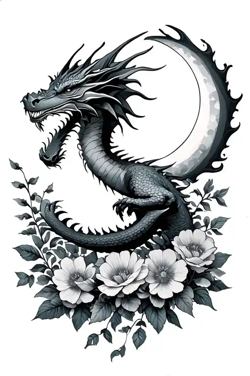 Dragon Flying Toward Moon Above Flowers Intertwined