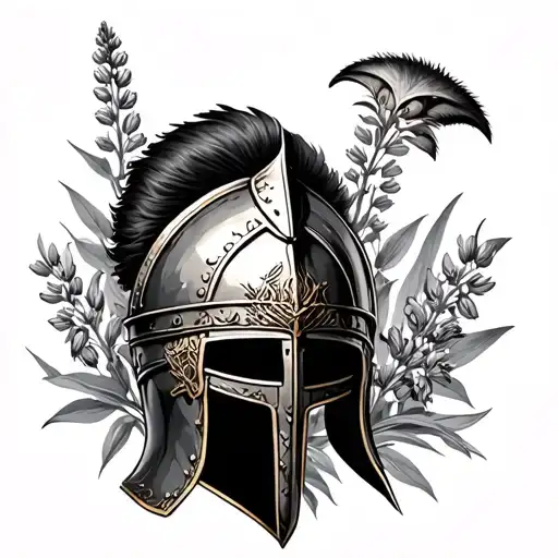 Roman Helmet With Lupins In The Background Of