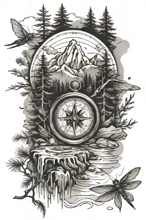 Pine Forest With Mountain And Stream With Compass And Dragonfly