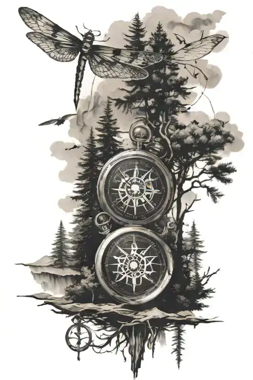 Pine Tree Forest With Steam And Mountains With Compass And Dragonfly