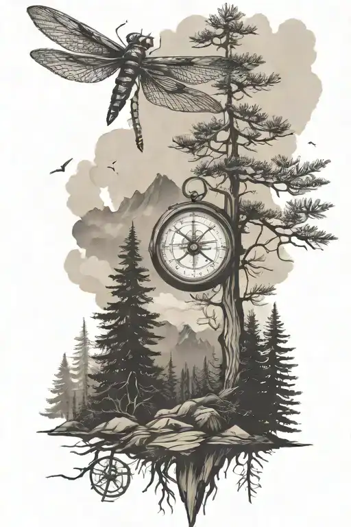 Pine Tree Forest With Steam And Mountains With Compass And Dragonfly