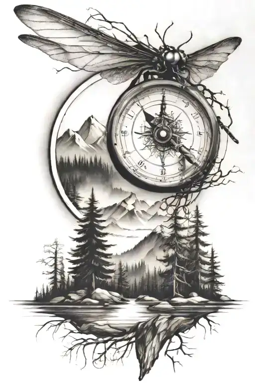 Pine Tree Forest With Stream And Mountains With Compass And Dragonfly
