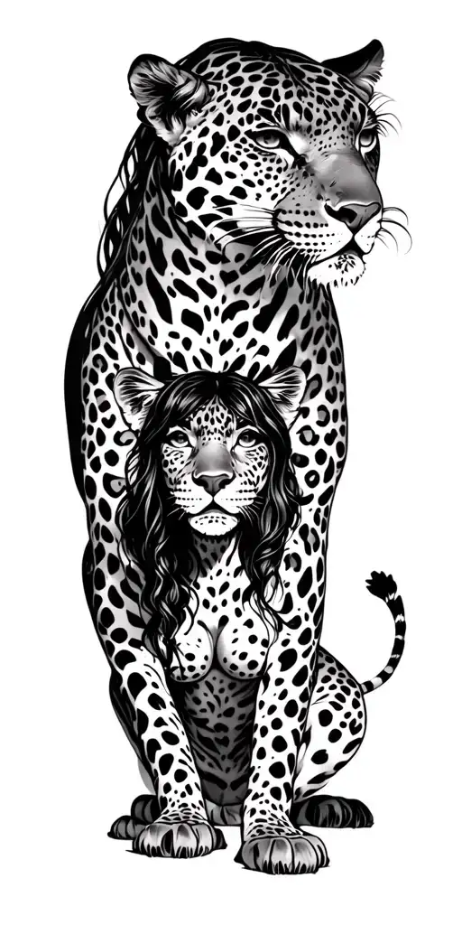 Leopards In Jungle Forrest With Woman On All Fours Having Her Hair Pulled