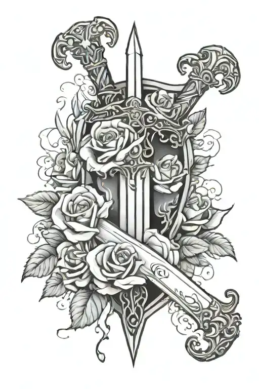 Sword Behind A Broken Shield With Roses Wrapped Tightly