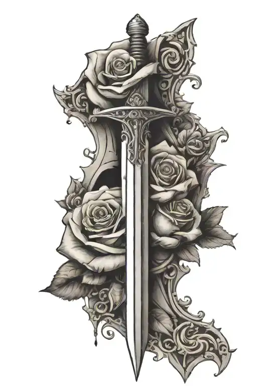 Sword Behind A Broken Shield With Roses Wrapped Tightly