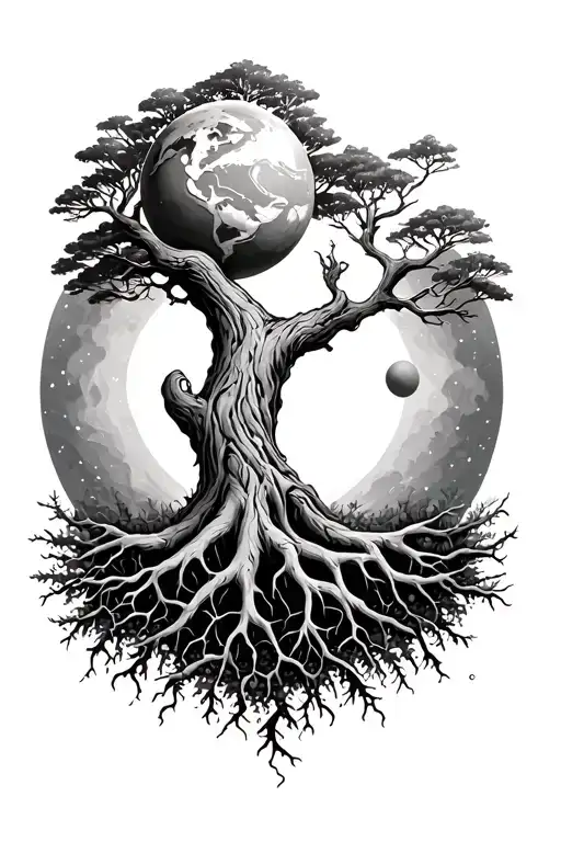 Tree Of Life With Roots And Planet