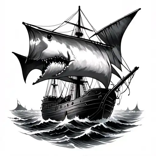 Pirate Ship In Storm Sharks Swimming