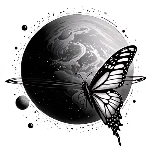 Butterfly And Planet Tattoo For Rib Cage Black And White