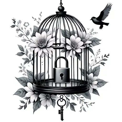 Cage With Flowers And A Key And A Padlock With A Bird That Fly Away