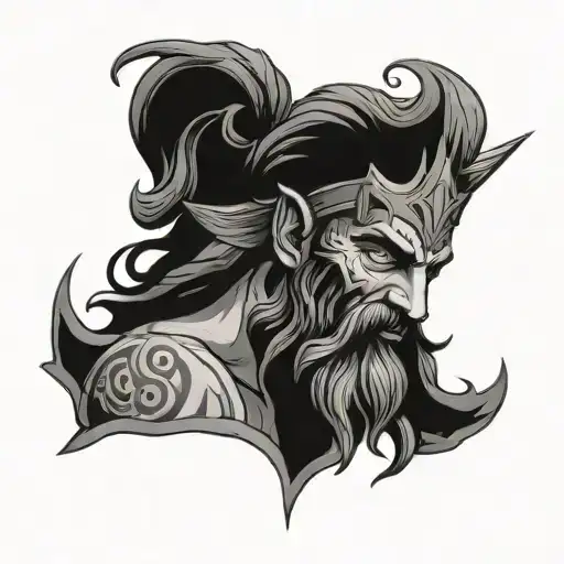 The Face Of Poseidon With His Trident In The Background