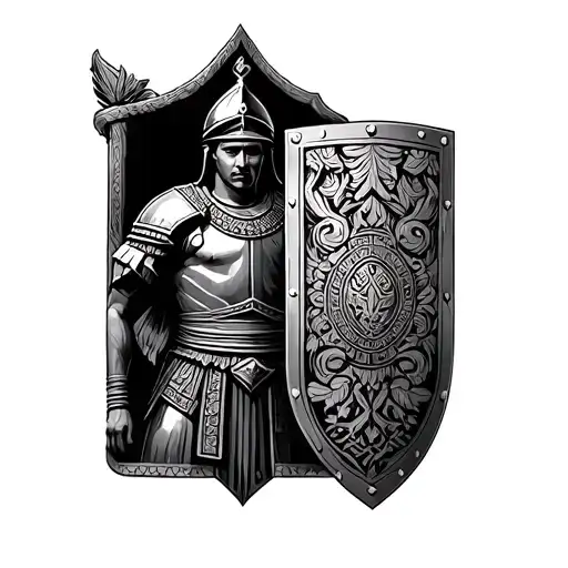 Roman Soldier With Shield Engraved Cambodia And Hmong Symbols