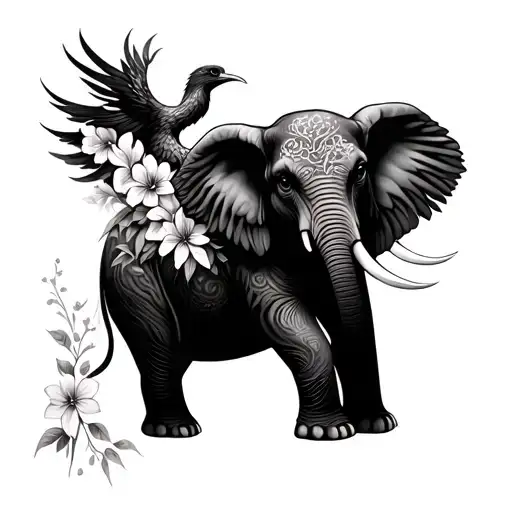 An Elephant With A Phoenix And Lilk Flowers And Cherry Flowers