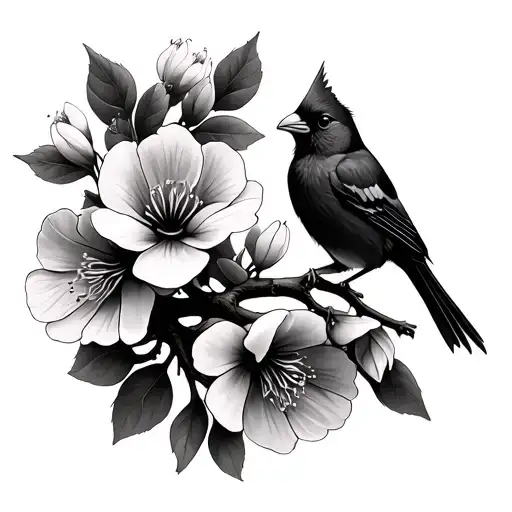 Sweet Pea Flowers And Cherry Blossom Branch And Flying Cardinal