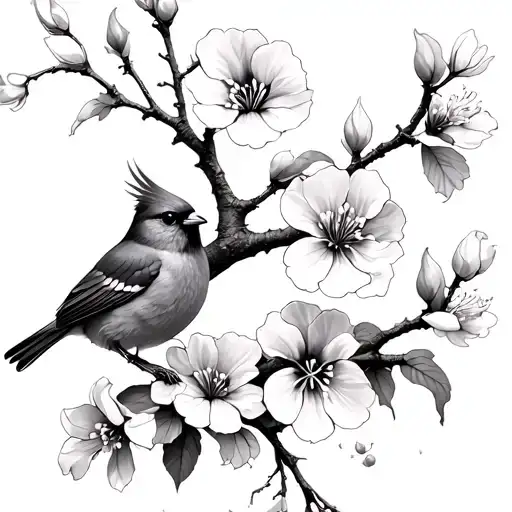 Sweet Pea Flowers And Cherry Blossom Branch And Flying Cardinal