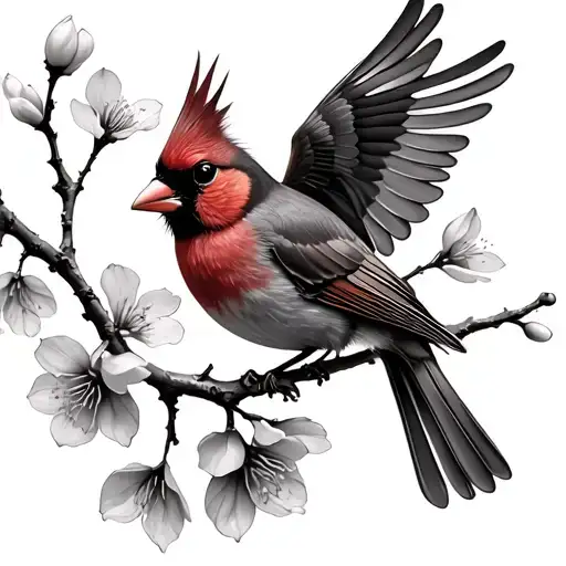 Sweet Pea Flowers And Cherry Blossom Branch And Flying Cardinal