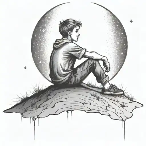 Boy Sitting On A Hill Looking At Stars And Moon As A Symbol Of Lonliness