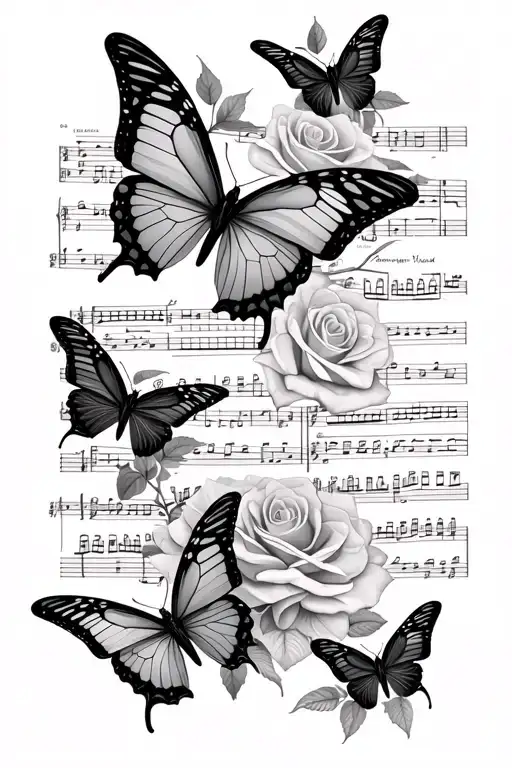 Butterflies With Rose Flowers With Sheet Music Note Intertwined