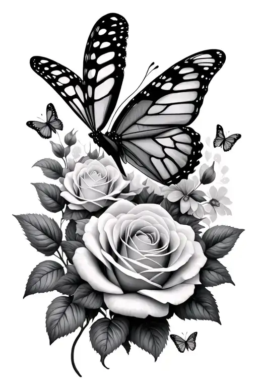 Butterflies With Rose Flowers Blooming