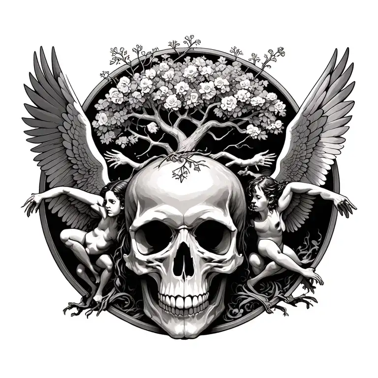 Skull With Tree Of Life And Demons Against Angels Who Have The Upper Hand