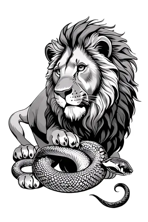 A Lion With A Snake Crawling