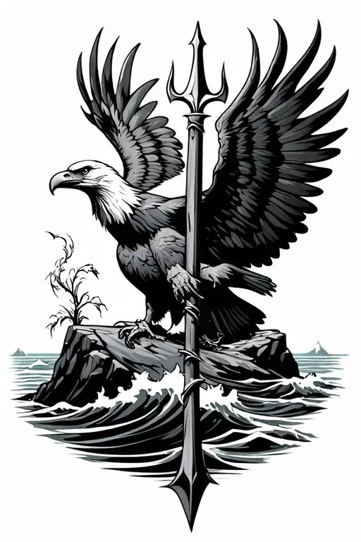 Eagle Protecting A Trident Planted In The Rock In Waves