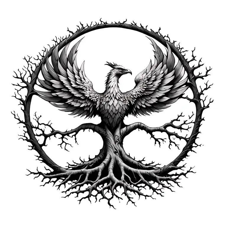 Tree Of Life With Roots Represent A Phoenix