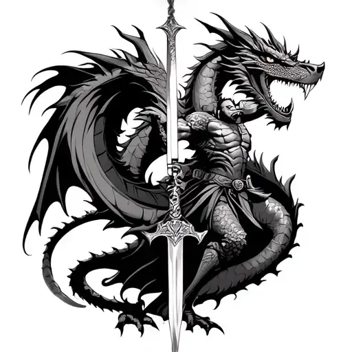 Full Back Dragon And A Warrior Wielding His Sword