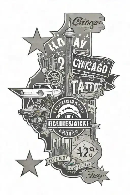 Chicago Theme Tatto With 4 Stars With Flag And Street Signs Of Ogden And South Albany And 312