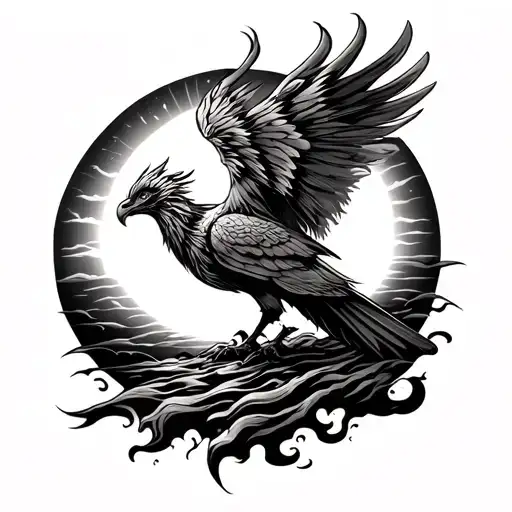 A Phoenix Rising From The Ashes With A Sun Setting In The Background