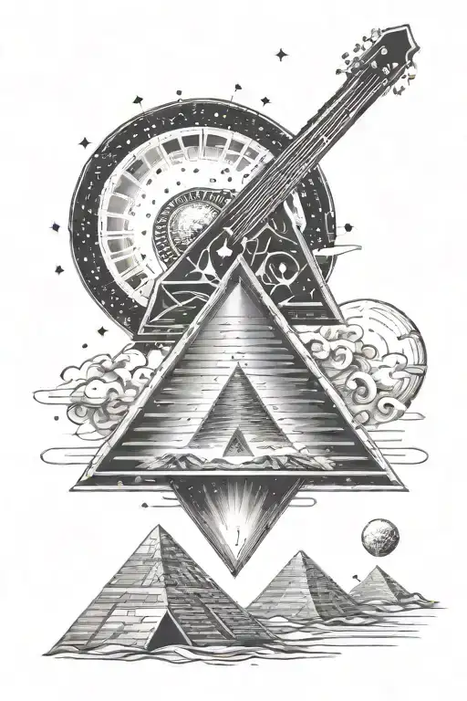 A R&b Music Themed Tattoo With A Space Backdrop And Pyramids In The Design