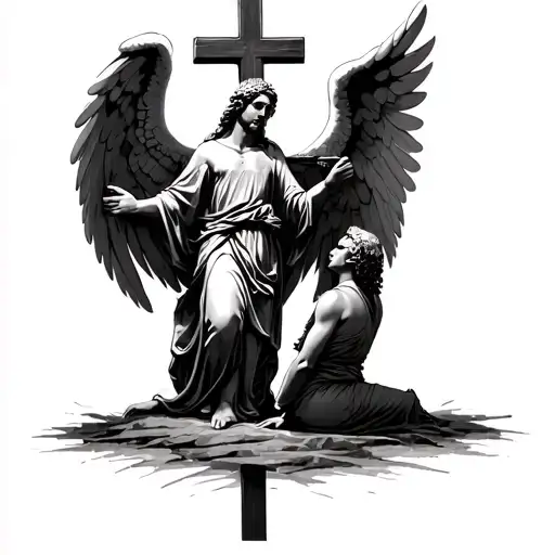 Angel Standing Over A Kneeling Soldier At A Cross