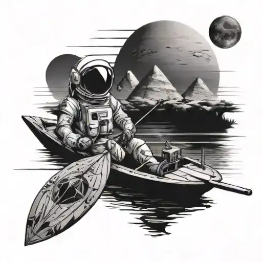 An Astronaut Listening To Music And Steering A Boat Along The River Nile Going Towards The Pyramids