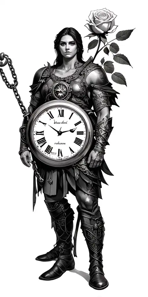Rose With Compas Pocket Watch Black And Warrior Standing