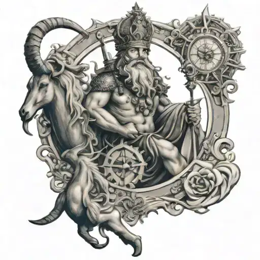 King Neptune Holding A Compass Rose With A Goat And Wild Horses Surrounding Him