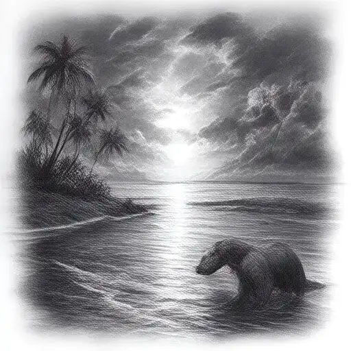Beach With Bears And Palm Trees And Sunset With Clouds