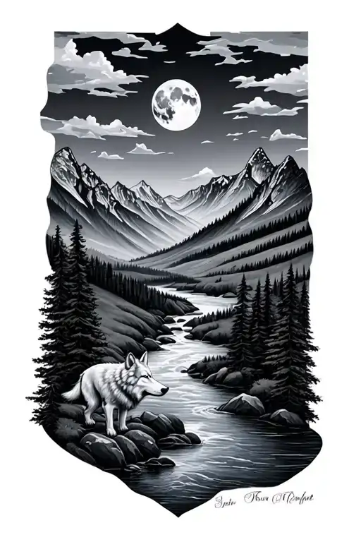 River Going Through Mountains With Wolf And Moon